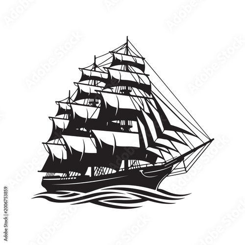 Old sailing ship with multiple masts on calm waters