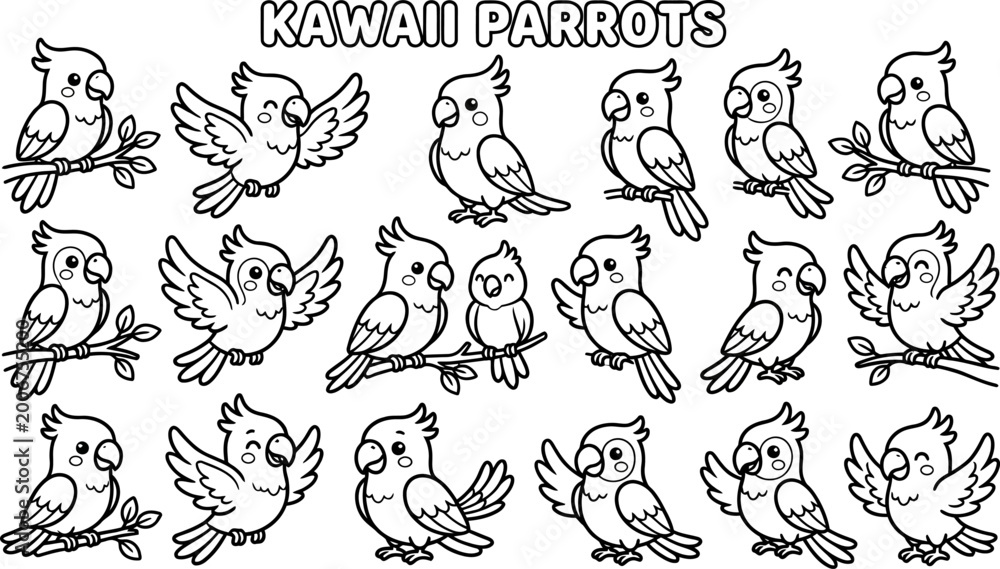 Fototapeta premium Kawaii parrots illustrations in black and white line art style for coloring book pages various cute parrot poses