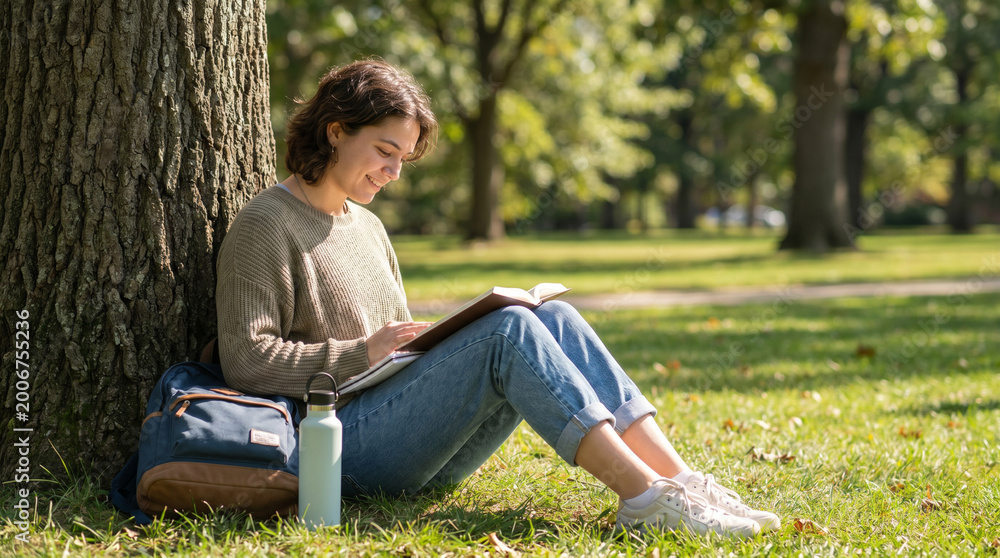 Obraz premium Back to School Student Studying Outdoors Under Tree with Notebook Peaceful Campus Learning Nature Education Lifestyle