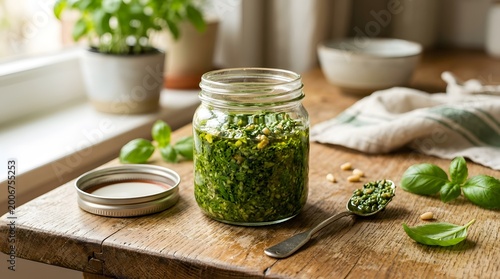 A glass jar holds freshly made basil pesto on a wooden table. Pine nuts and basil leaves are around the jar. Light shines through the window, adding warmth to the scene