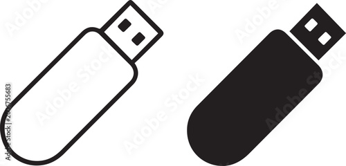 Two usb flash drive icons one white and one black displayed side by side. silhouette vector illustration