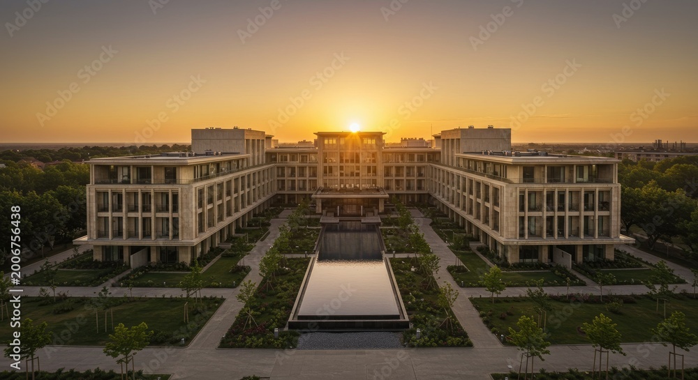 Fototapeta premium Sunset over modern university campus buildings.