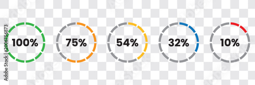 Circular progress percentage ring icons set from 10 to 100 showing loading status and progress levels.