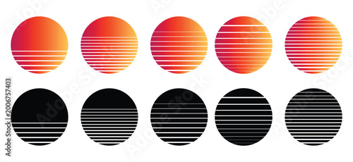 A collection of retro 80s-style sunset and sunrise vector graphics.