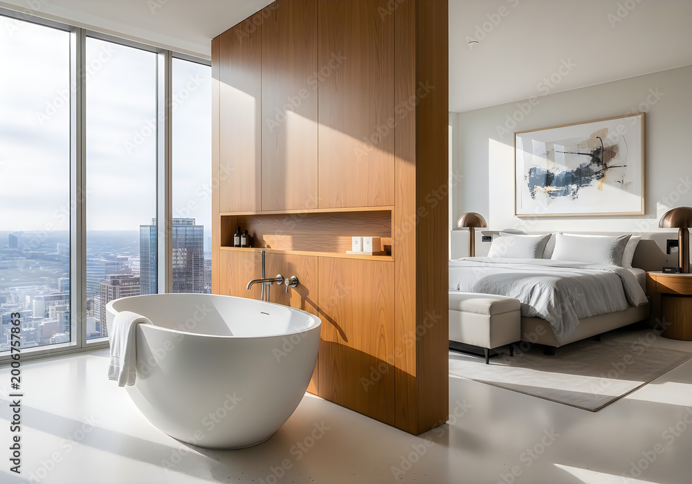 Fototapeta premium Modern luxury bathroom and bedroom with city view and wooden partition