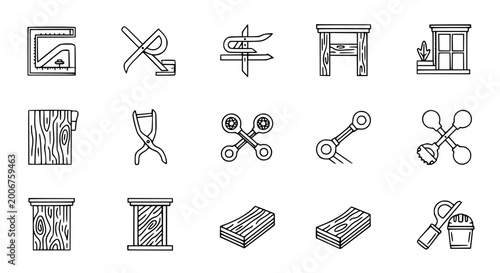 Obraz na płótnie Woodworking joinery and carpentry technique line icons featuring mortise tenon joints timber textures wooden frames and craft assembly methods for furniture making vector illustration