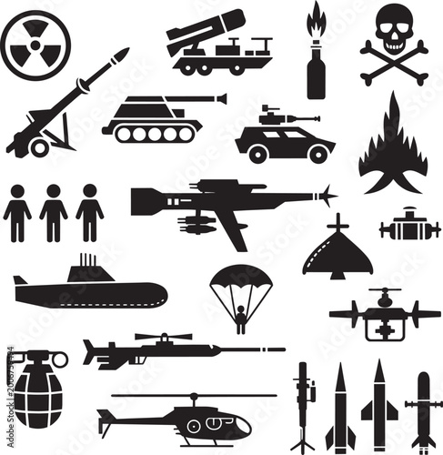 Military and war icons set army defense and tactical weaponry silhouettes collection