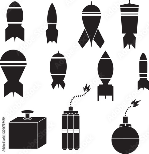 Black weapon icons set including missiles grenades and TNT explosive elements