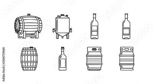 Foto Professional winemaking and brewery production equipment set featuring wooden barrels fermentation tanks glass bottles and metal beer kegs for distillery industry vector illustration