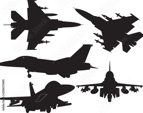 Fighter Jets Silhouette Formation Military Aircraft Aviation Vector Illustration