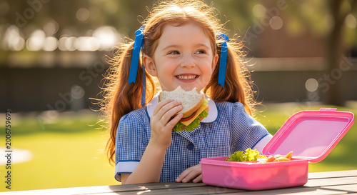 Happy schoolgirl eating sandwich, pink lunchbox, outdoor picnic, childhood moments