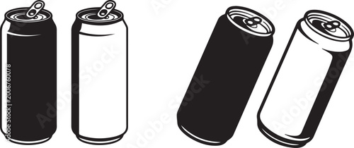Two energy drink cans depicted in contrasting black and white outlines. silhouette vector illustration