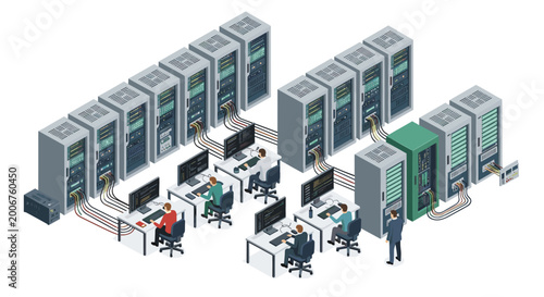 An isometric digital render illustrates a modern server room environment with organized grey server racks, connected workstations, and IT personnel working on maintenance.