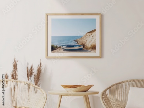 Serene Coastal Scene with Framed Art and Cozy Interior Decor