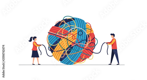 Business Teamwork Concept: Man and Woman Untangling a Large Messy Yarn Ball to Find Solutions and Simplify Complex Problems