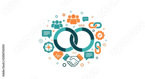 Business Collaboration and Partnership Concept Illustration with Interlocking Rings, Handshake, and Team Icons for Corporate Networking and Synergy