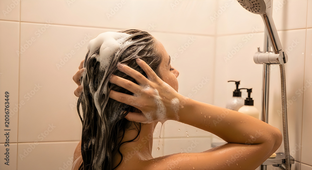 Naklejka premium Woman washing hair, shampooing in shower, soap suds on head