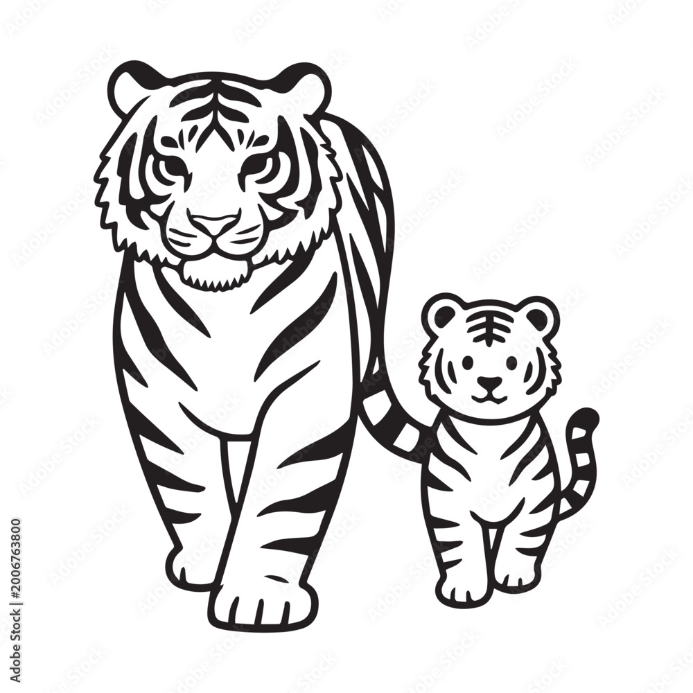 Obraz premium Mother Tiger Walking With Cute Baby Cub Outline Vector Black and White
