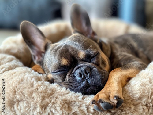 Adorable French Bulldog Puppy Sleeping Comfortably on Soft Bed