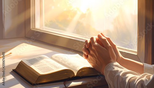 Hands clasped in prayer over an open Bible with sunlight streaming through a window.