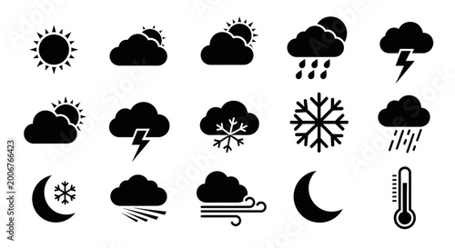 Obraz na plátne Weather forecast icons set black symbols on white background representing variou