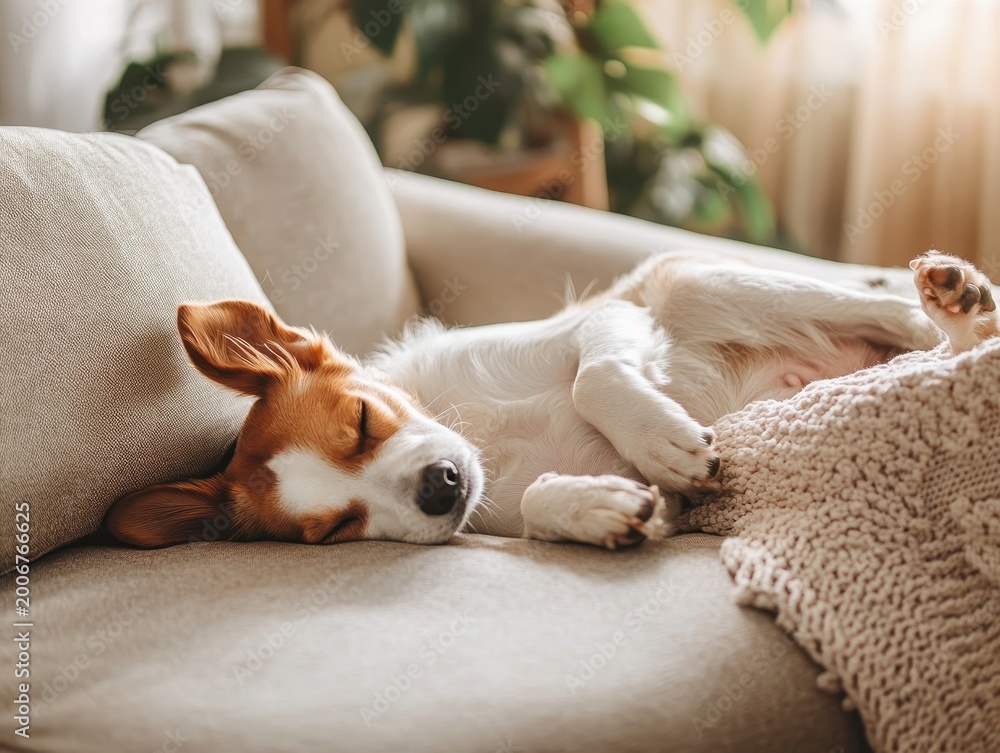 Obraz premium Relaxed dog sleeping peacefully on a cozy couch in sunny room