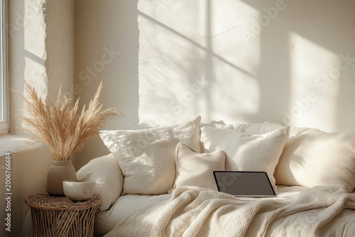Cozy Living Room Corner with Laptop, Cushions, and Natural Decor