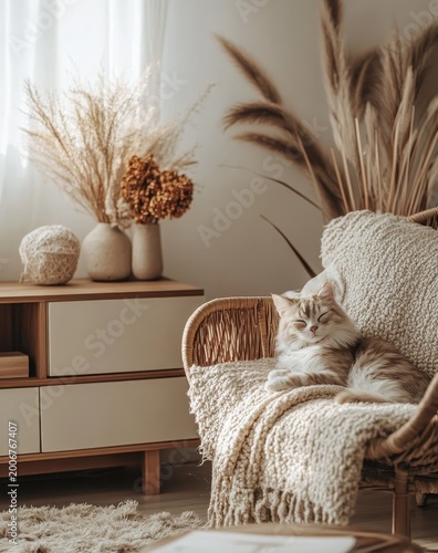 Cozy Cat on Stylish Rattan Chair in Serene Living Room Setting
