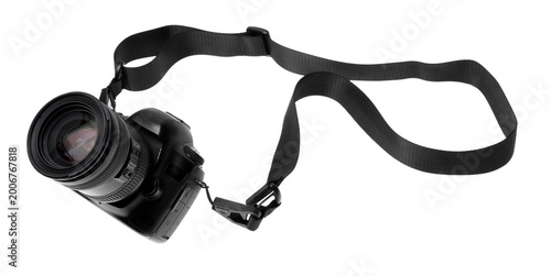 Photos Modern camera with strap isolated on white, above view