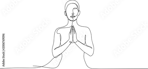 Tableau sur toile Minimalist line art of a woman meditating with hands pressed together in prayer pose