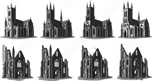 Schilderij op canvas Gothic Cathedral Illustration in Multiple Views, Featuring Both Intact and Ruine