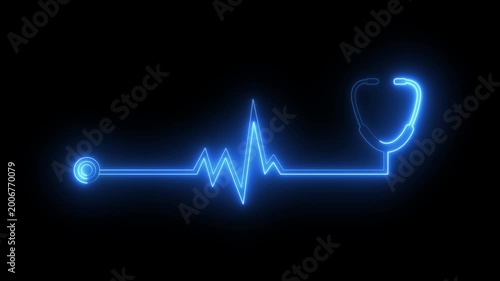 glowing neon stethoscope heartbeat icon isolated on black background. Suitable for medical healthcare monitoring concept. 4k video animation.
