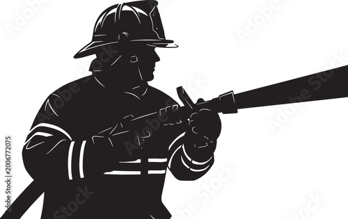 Silhouette of a brave firefighter holding a water hose to fight fire