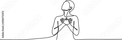 Tableau sur toile Minimalist line art of a person with hands on chest, looking up in gratitude or