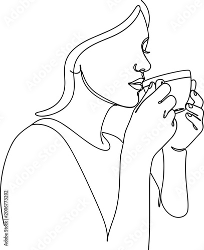 Bild auf Leinwand Woman drinking coffee or tea in minimalist line art style