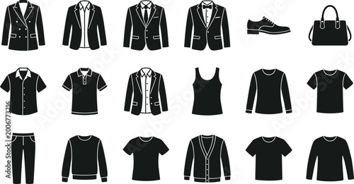 Men clothing and fashion icons set with jackets shirts pants shoes bag and casual wear collection vector illustration