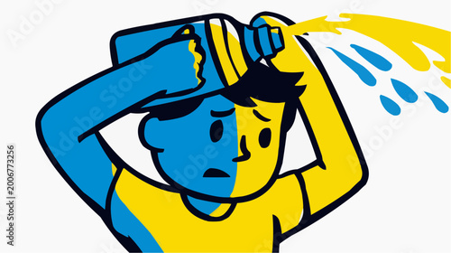 Flat vector illustration of a bold kid pouring water from a bottle over his head, suitable for health campaigns, summer promotions, or children's activity guides.