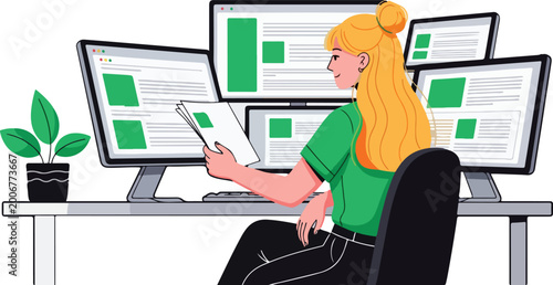 Woman working at multiple computer screens with yellow hair green shirt white table plant pot computer technology analysis business document information research programming multitasking
