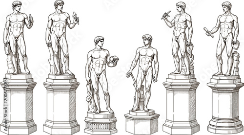 Tableau sur toile Classical Sculpture of Male Figure in Various Poses, Historic Artwork and Greek