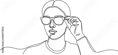 Bild auf Leinwand Continuous line drawing of a woman adjusting her sunglasses, minimalist portrait
