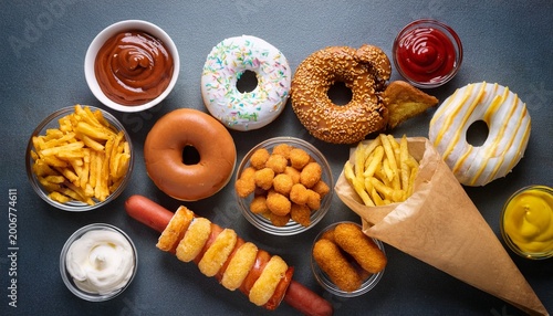 Ultra processed foods. Top view of many glazed donuts, icecreams, fried potatoes, hot dogs, sauces on gray table