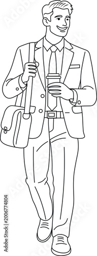 Businessmen Walking with Coffee in Modern Line Art Style
