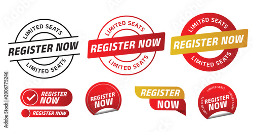 “Register Now – Limited Seats” badge set designed to create urgency and drive immediate action in marketing campaigns. This collection features a variety of stamp-style badges, buttons, and labels