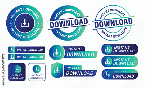 Instant Download badge and button collection featuring gradient-style UI elements, circular seals, banners, and sticker designs. vector illustration
