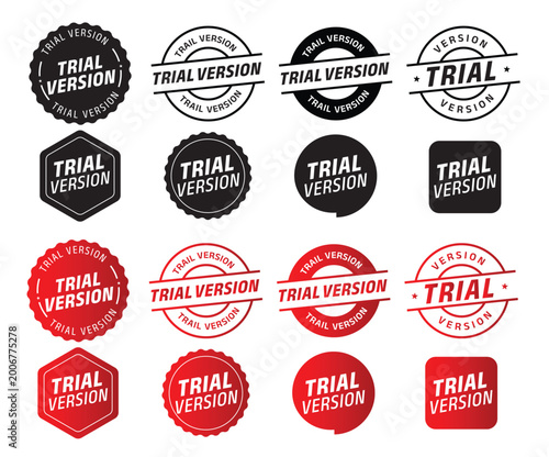 Photos A versatile collection of “Trial Version” stamp badges in various shapes and styles, black and red color variations, these vintage-inspired stamps are perfect for software demos and previews