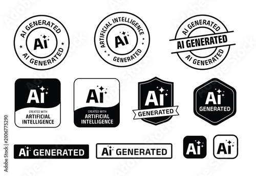 A modern collection of AI-generated badges, stamps, and icons designed in a clean monochrome style. This set features circular seals, shield badges and rounded squares 