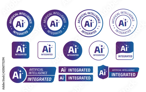 collection of “AI Integrated” badges and labels designed with a clean purple–blue gradient style. This versatile set includes circular seals, rounded icons, shields, and horizontal tags featuring arti