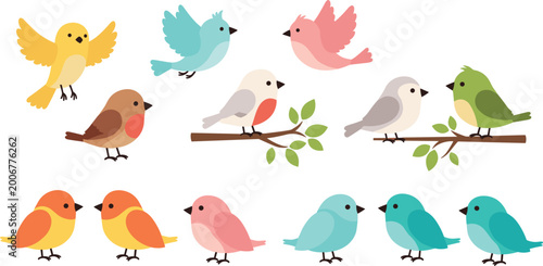 Foto Colorful Birds in Various Poses and Branches for Nature, Wildlife, and Animal De
