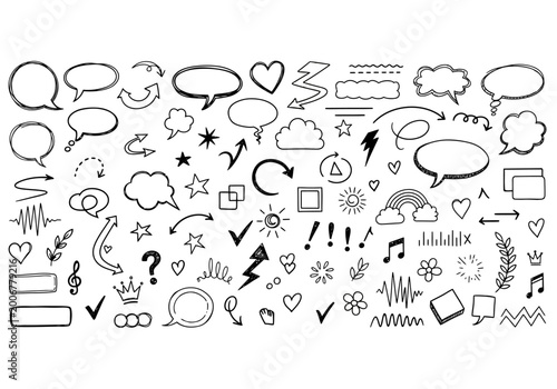 Black and white doodle icons set for social media and messaging, flat line style