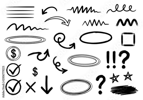 Hand drawn doodle icons set for design and presentation, black and white illustration